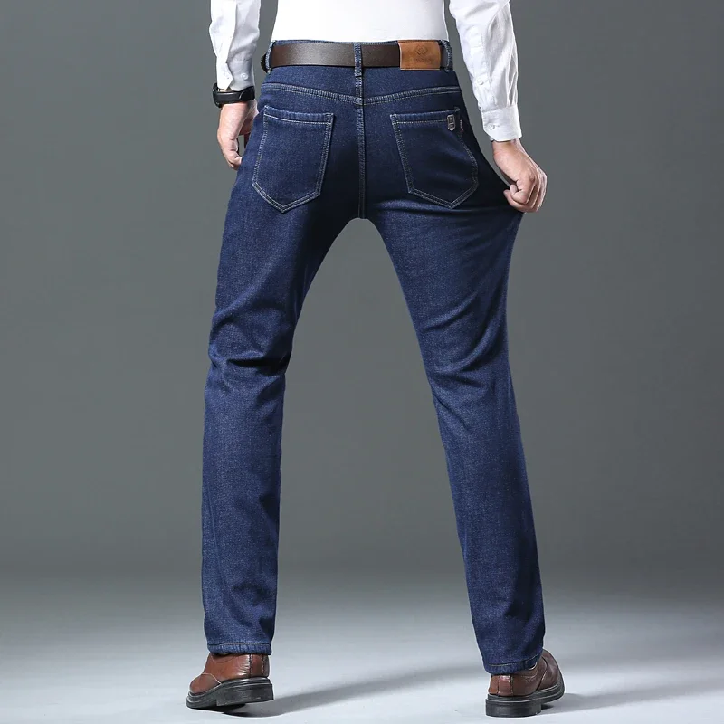 شتاء دافئ الصوف مستقيم الجينز الرجال سميكة الحرارية عادية تمتد الدنيم السراويل الذكور العمل الأعمال السراويل الذكور الملابس