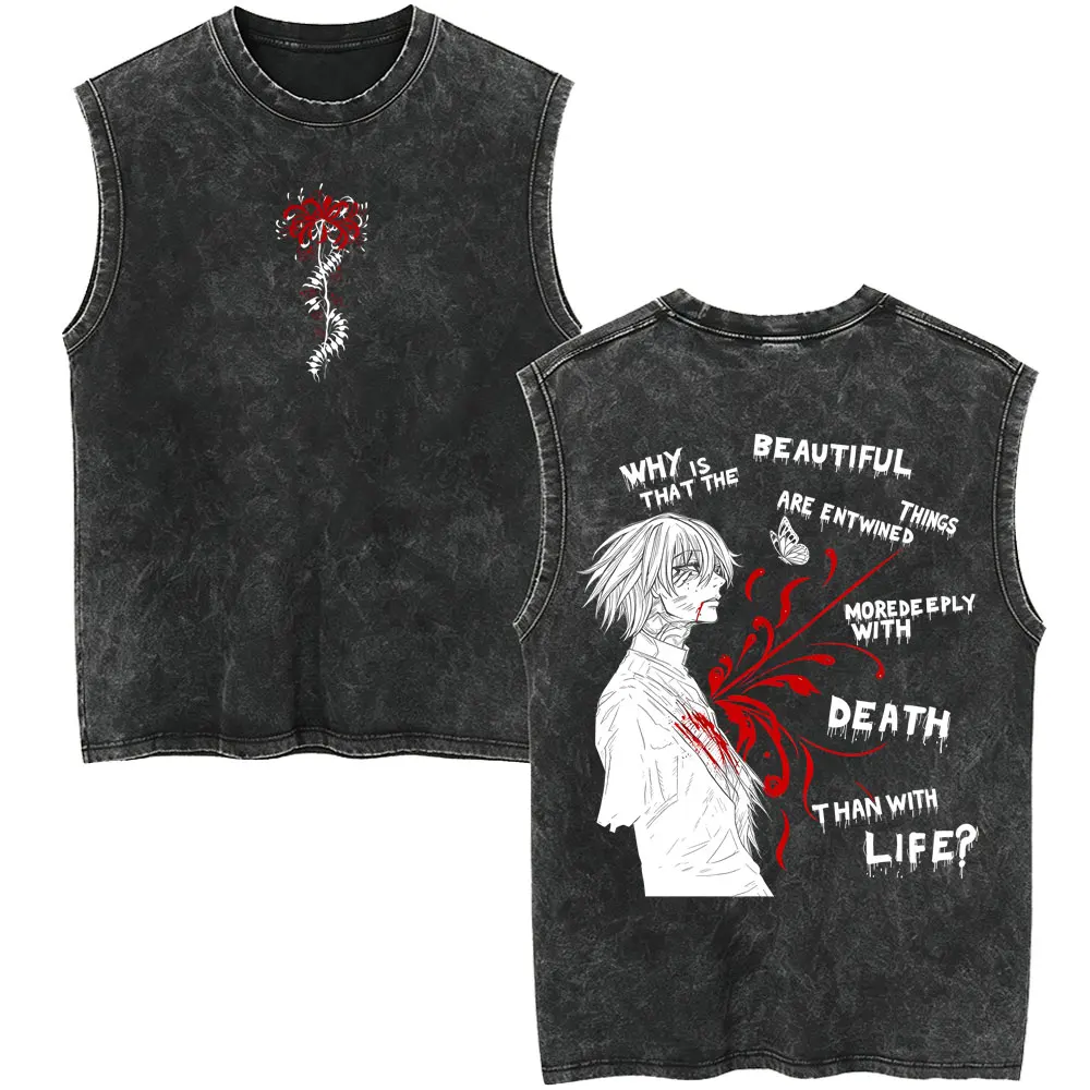Anime Tokyo Ghoul Vintage Washed Tank Tops Cartoon Kaneki Ken Graphic T Shirt Men Retro Manga Oversized Sleeveless Vest T-shirt