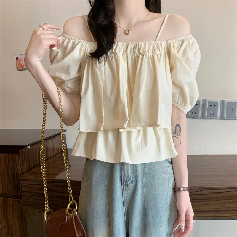 Chic Women Short Sleeve Blouse Summer Clothes 2024 New Korean Popular Style Female Casual Loose Off Shoulder Layered Cami Tops