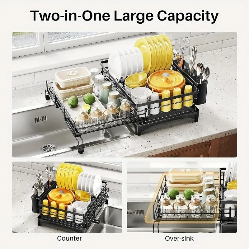 2-in-1 Expandable Rust-Resistant Metal Dish Drying Rack with Pan Slot,Utensil Holder,Drainboard for Space-Saving Kitchen Counter