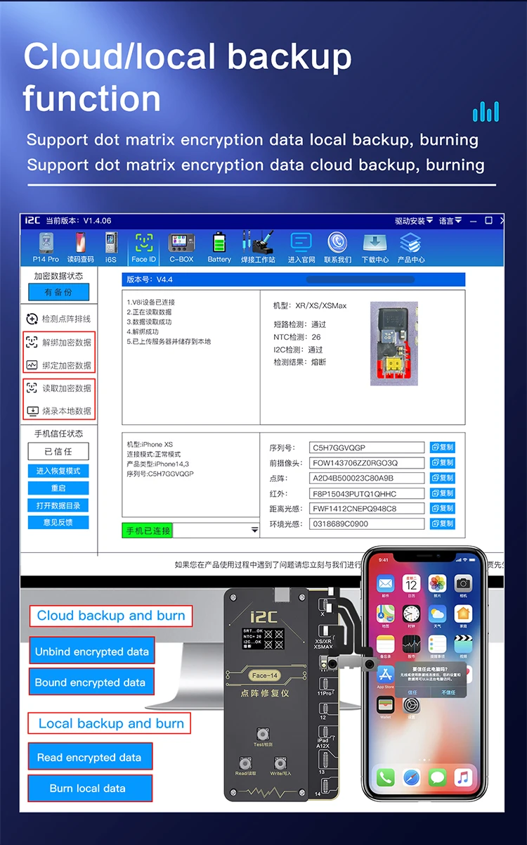 i2C Face-14 Dot Matrix Programmer for iPhone X XR XS MAX 11 12Pro 13 Pro Max 14 Fix Face ID Not Working higher and lower problem