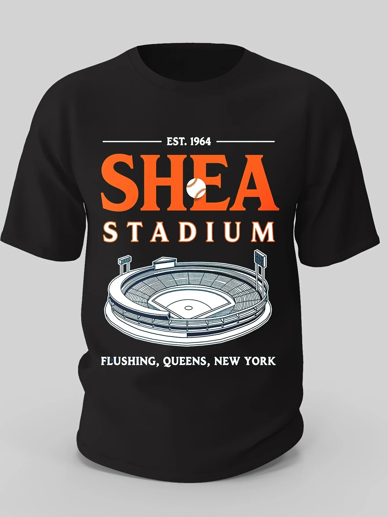 

Shea Stadium New York Baseball Graphic Men's T-Shirt Funny Flushing Queens, NY Design, Casual Comfortable Cotton Round Neck Tee