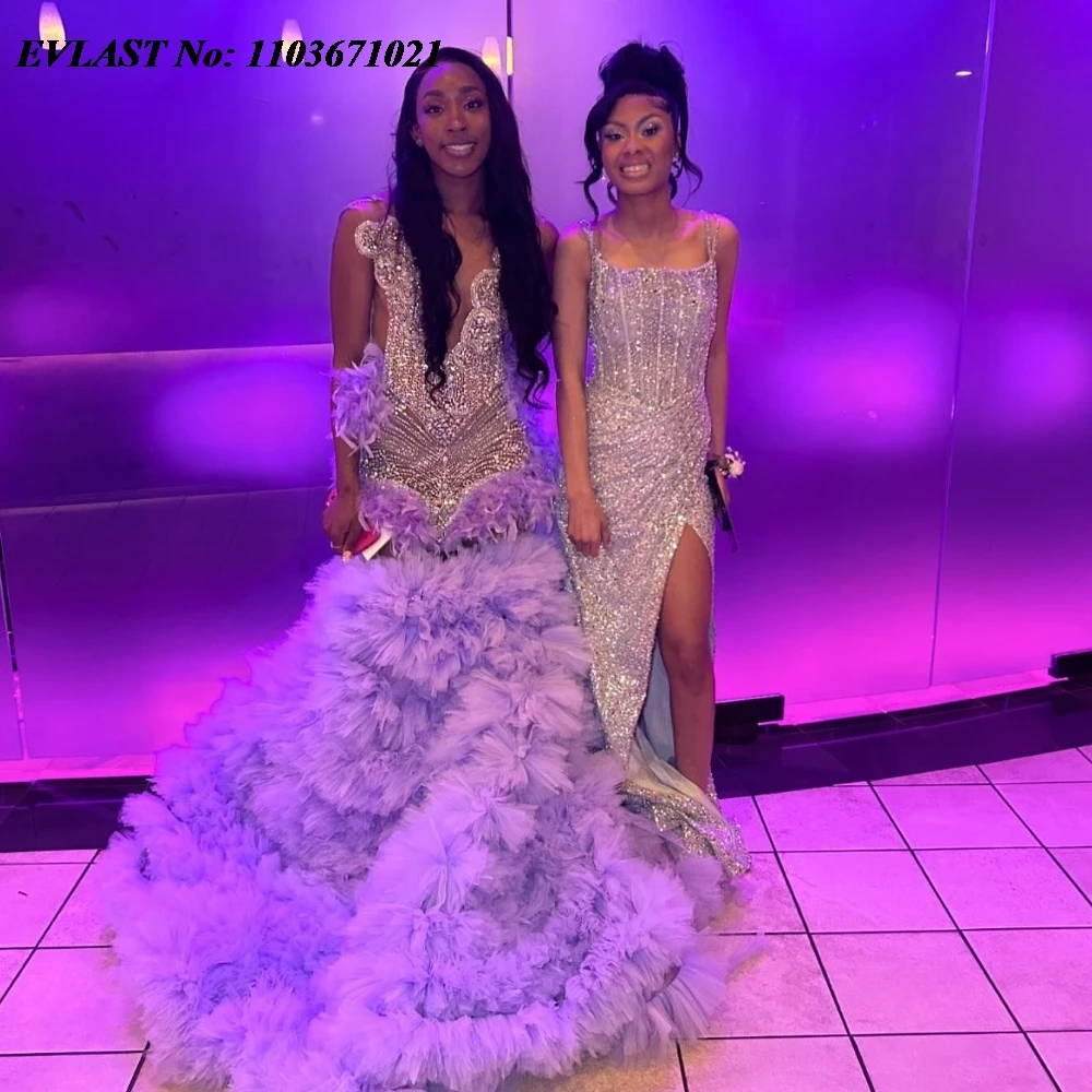 

EVLAST Sparkly Lavender Mermaid Prom Dress For Black Girls Crystal Beaded Sequins Ruffles Party Gala Gown Vestidos De Fiesta P56