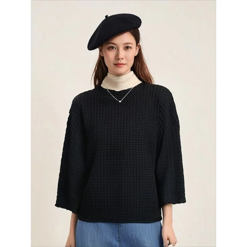 

Miyake плиссированный пуловер с полувысоким воротником, осень-зима 202, плиссированная женская футболка с длинными рукавами, свободный топ, женский универсальный