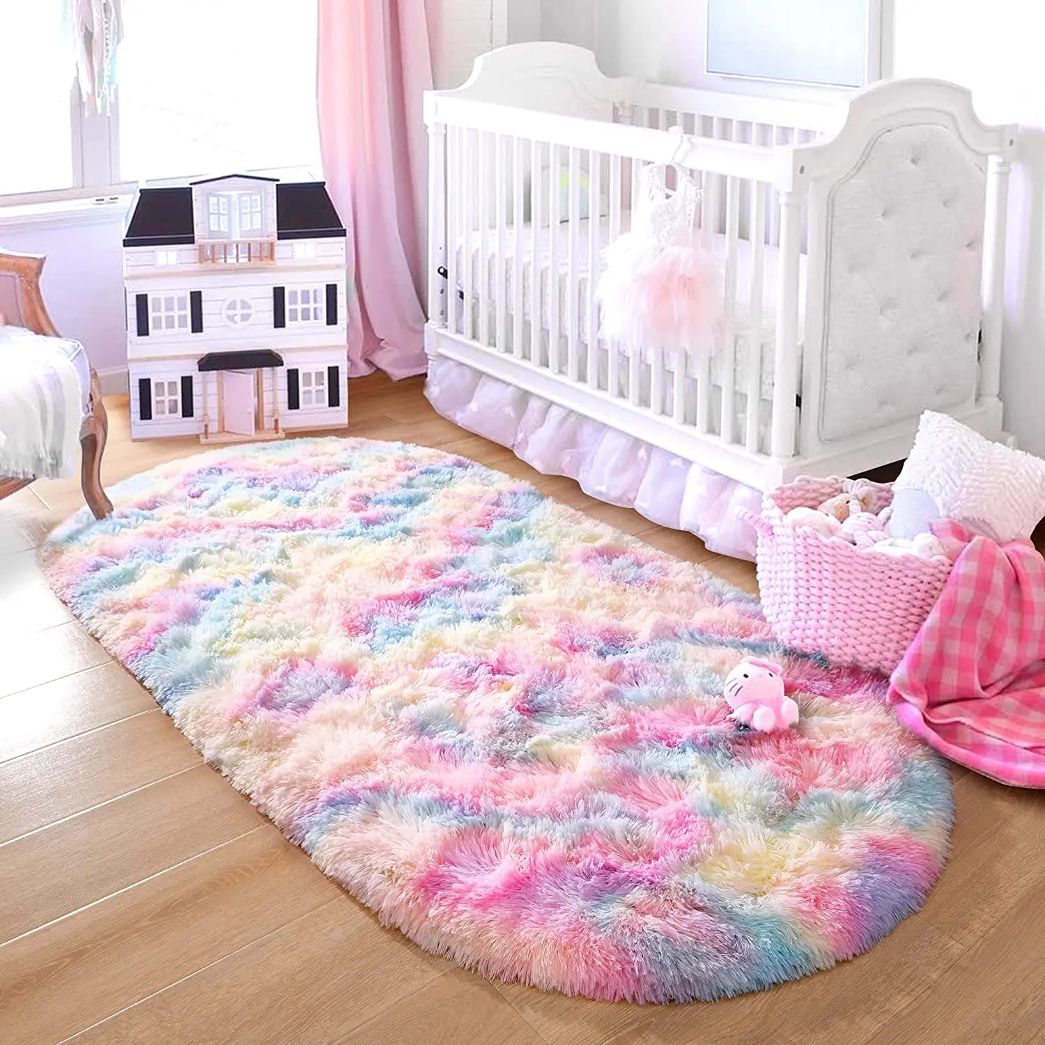 Fluffy Oval Rug for Kids, Rainbow Colorful Rug, Perfect for Bedroom, Dorms and Nursery Decor, Home Carpets, Babies and Babies