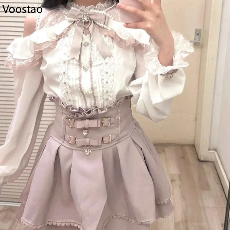 اليابانية Kawaii لوليتا نمط تنورة صغيرة مجموعات النساء الحلو الكشكشة قبالة الكتف القوس قميص التنانير القصيرة Y2k الجمالية لطيف مجموعة كاملة