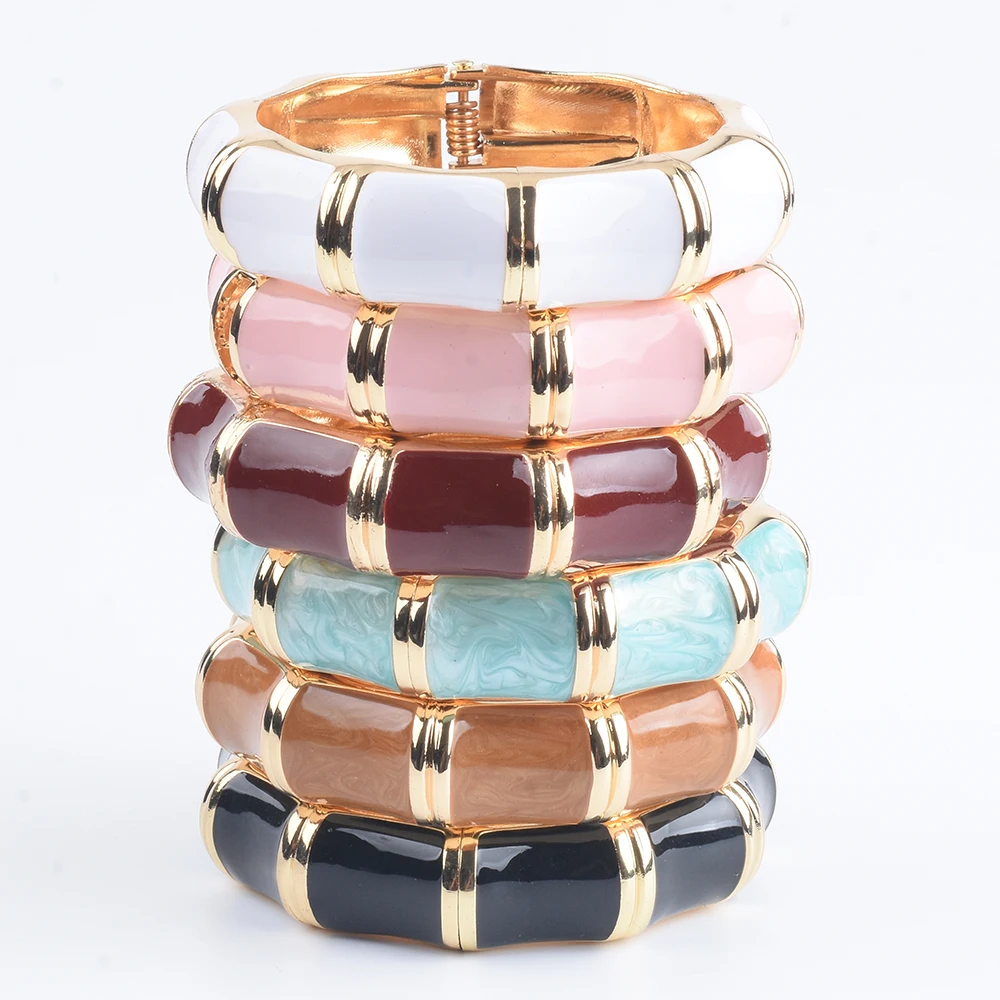 Vintage Statement Elegant Bamboo Enamel Bangle Women Fashion Gold Plated Retro Spring Hinge Open Cuff Bracelets Jewelry Gift