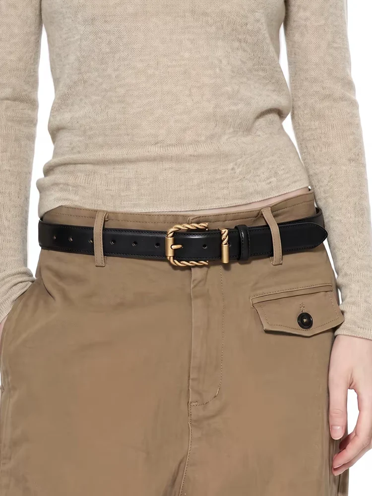 Black Advanced Decorative Fashion Genuine Leather Women Belt Retro Gold Pin Buckle Casual Waist Belt For Jeans  Dress