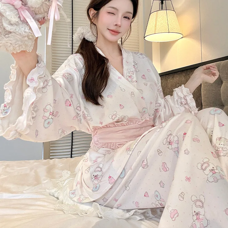 island velvet Cute Sweet pajamas women home wear double-sided velvet for warmth and softness autumn winter kimono style pajamas