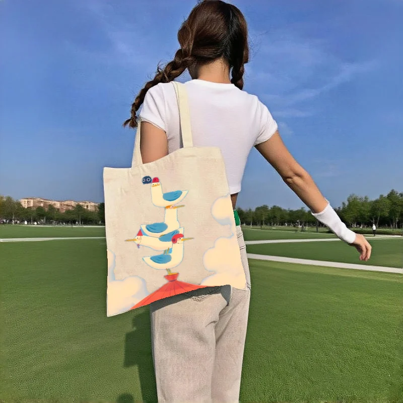 

1 шт. Двусторонняя холщовая сумка-тоут с причудливым рисунком чайки, вместительная многоразовая сумка через плечо, милая сумка с животными