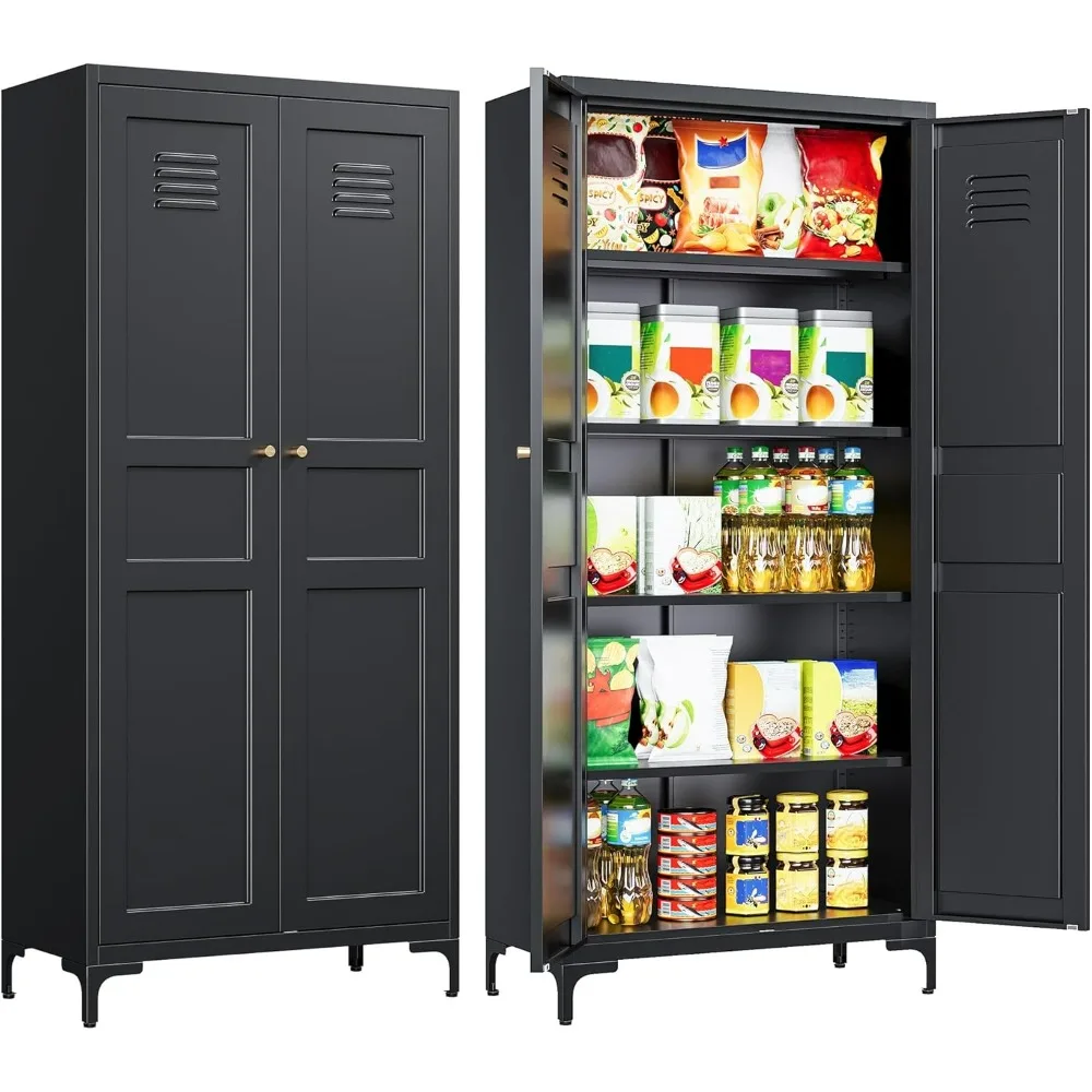 Metal Storage Cabinet with Doors and Shelves,Black Storage Cabinet with Leg,Metal Pantry Cabinets,Ventilated Pantry Closet,Tall