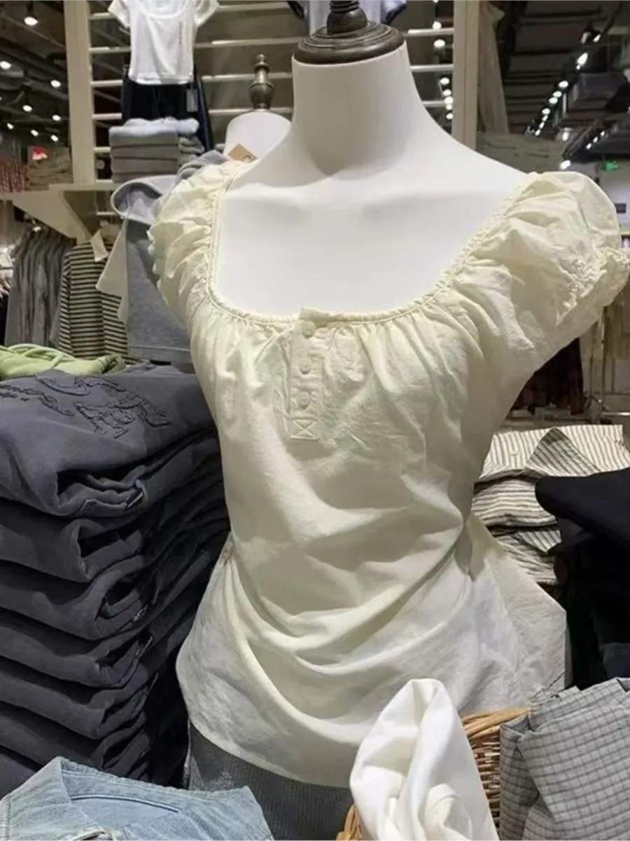 

Yellow Lace-up Ruffles Sleeve Tees Women Summer Simple Casual Flax Cotton U-neck Buttons Tops Sweet Cute Preppy Style T-shirts