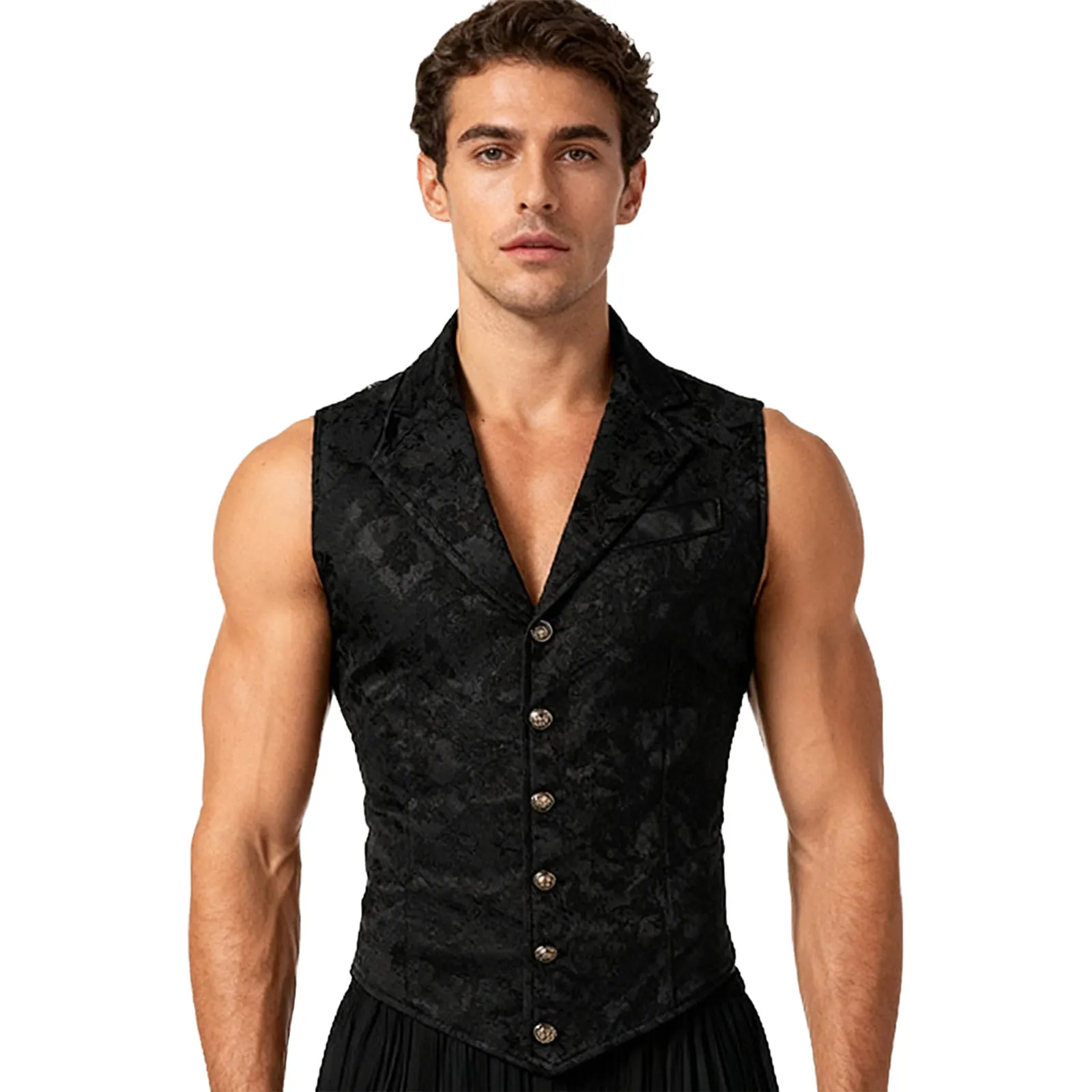 

Mens Medieval Victorian Jacquard Waistcoat Lapel V Neck Button-down Paisley Tuxedo Vest for Cocktails Steam Punk Cosplay