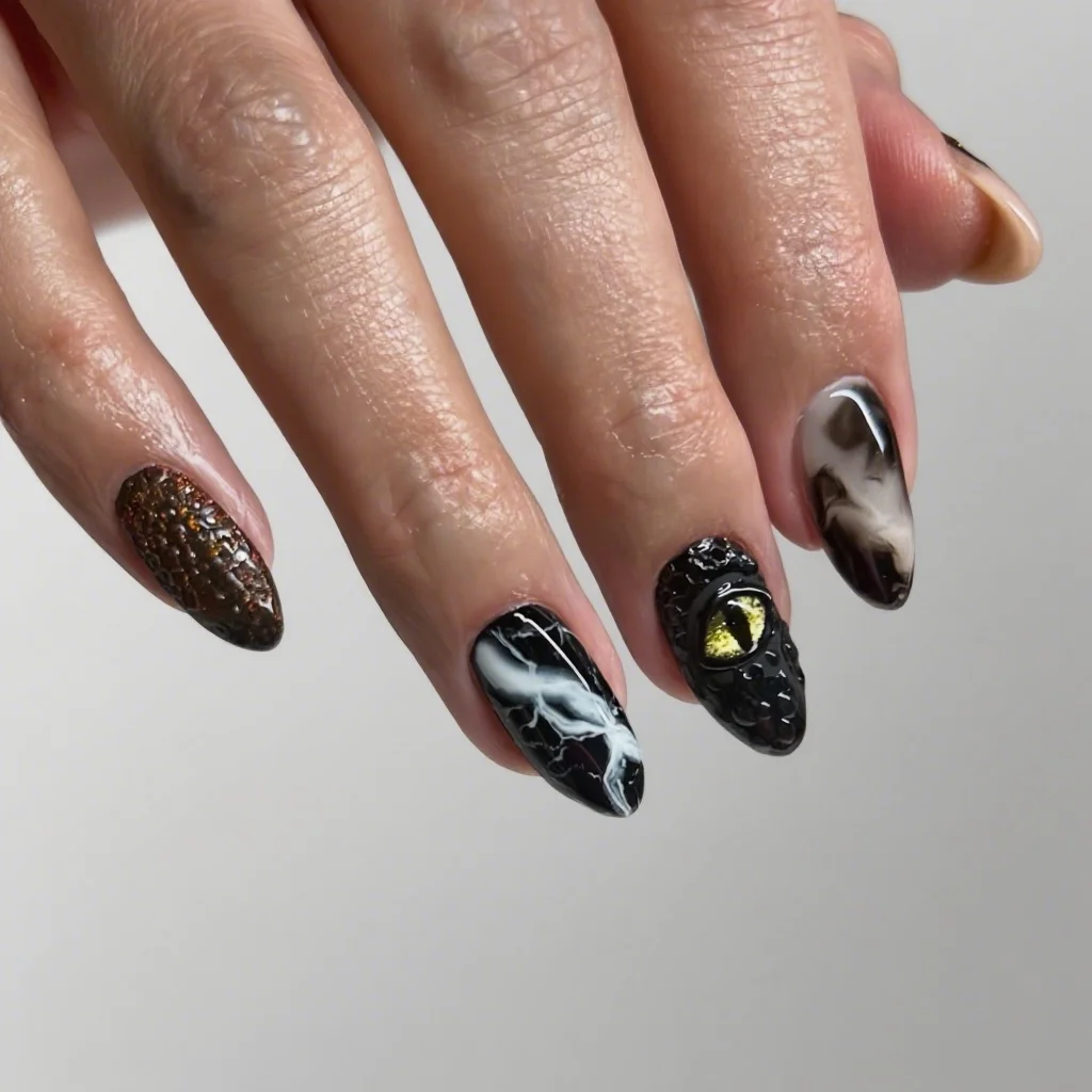 

24PCS 3D Eyes Lightning Pattern Almond Press on Nail Sweet Cool Black Gradient French False Nails Full Cover Wearable Fake Nails