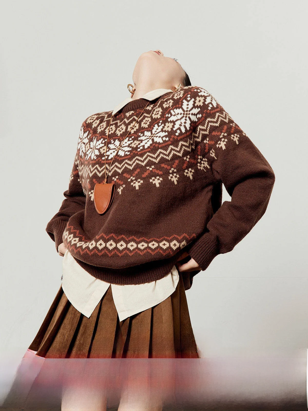 

Brown Knitted Long Sve Loose Casual Women's Sweater Retro Geometric Pattern Comfortable Breathable Soft Fabric round Ne