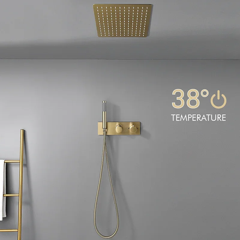 

Brushed Gold Dual Function In-Wall Bathroom Thermostatic Shower System Set with Concealed Valve Body Ceiling Mounted Head