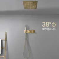 Brushed Gold Dual Function In-Wall Bathroom Thermostatic Shower System Set with Concealed Valve Body Ceiling Mounted Head