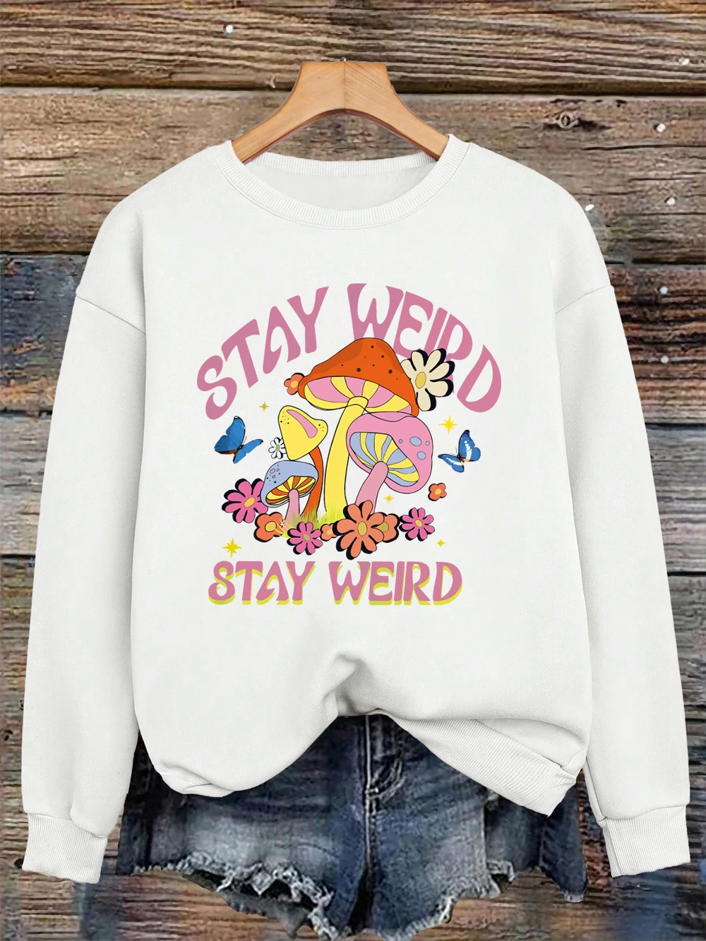 Sudaderas con estampado de setas para mujer, sudaderas con capucha cálidas de lana para invierno, Jersey holgado con cuello redondo, ropa deportiva básica para mujer