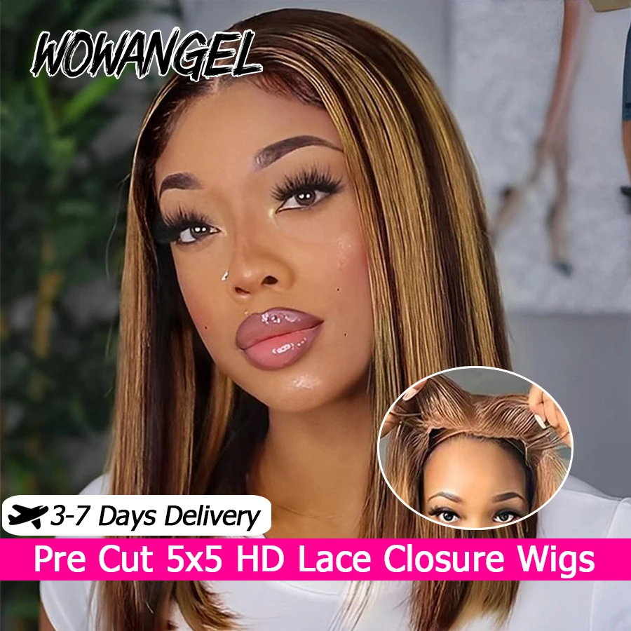 

Wow Angel 4/27 Highlight Short Bob Wigs 5X5 HD Lace Closure Wigs Human Hair Wear & go Glueless Pre Cut Wigs Remy For Women