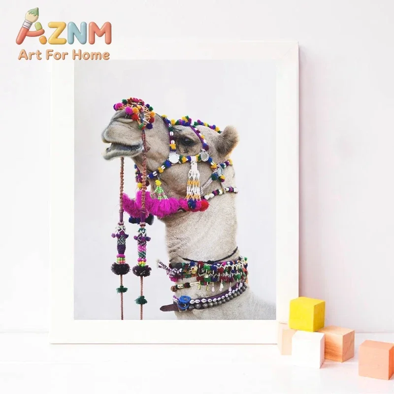 AZNM Colorful Decorated Camel Canvas Wall Art Frameless Bohemian Ethnic Animal Print Poster for Home Living Room Wall Decor