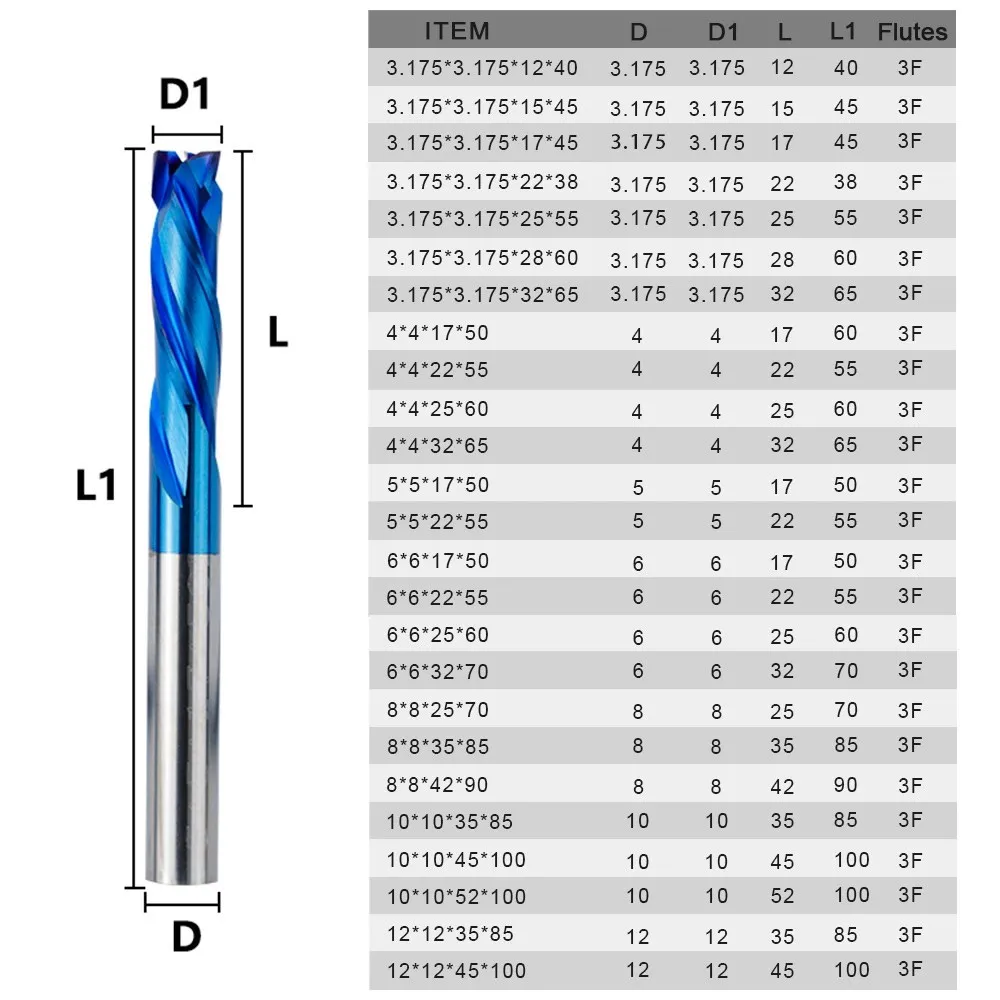 End Mill 3 Flute Up Down Cut Milling Cutter 3.175/4/5/6/8/10/12mm Shank CNC Router Bits Nano Blue Coated Carbide for Aluminum