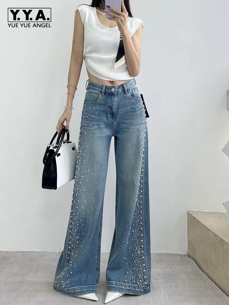 

Female Spring Fashion Beading Design Jeans Diamond Straight Loose Wide Leg Denim Pant High Waist Casual Flared Trousers Hot Sale