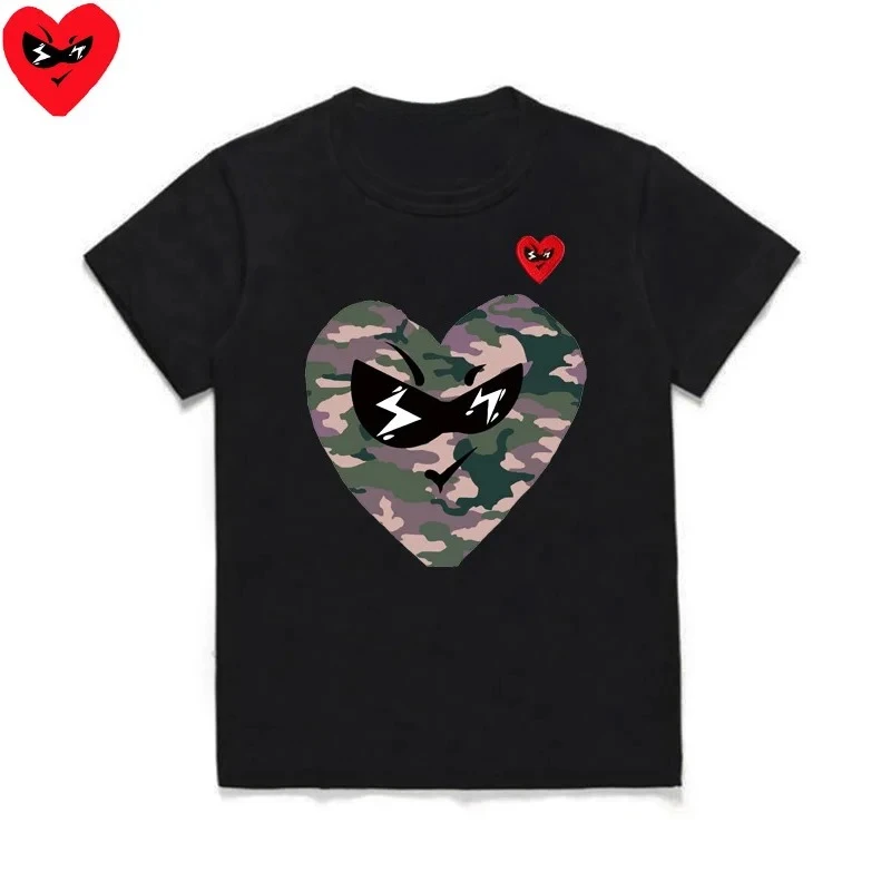 2026 T-shirt unisex cute glasses red heart printed color heart-shaped printed cotton O-neck short sleeved straight tube T-shirt