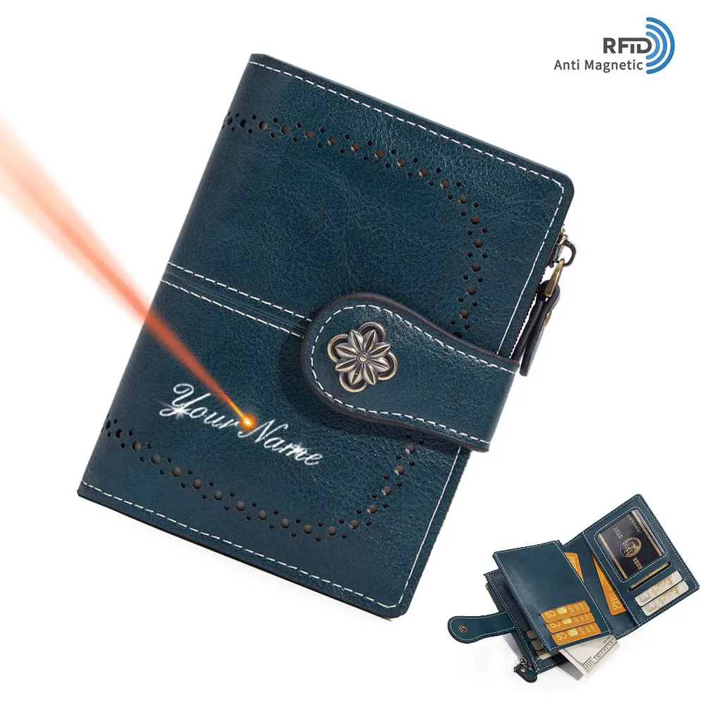 

New RFID Women Wallets Name Engraving Large Capacity Women's Wallet Coin Pocket Zipper Card Holder Wallet For Girls Cartera