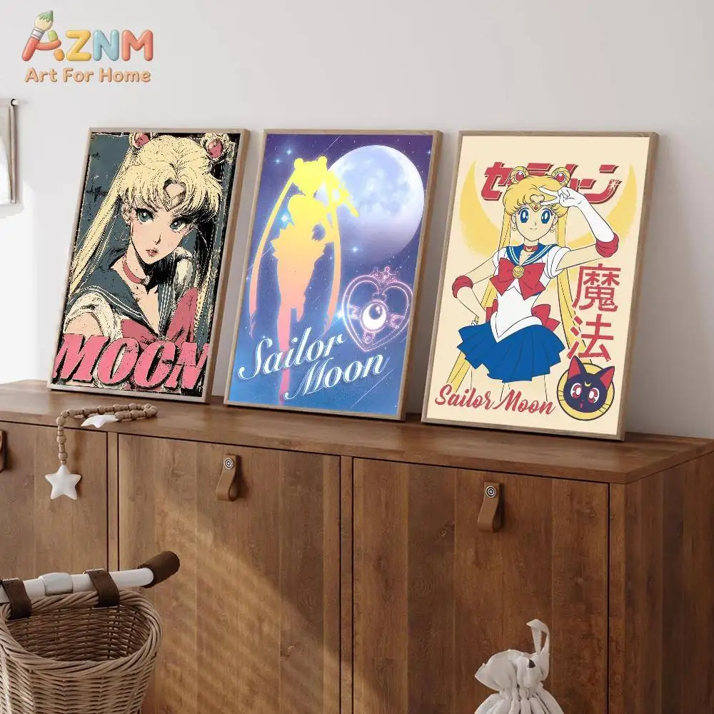 AZNM Sailor Moon Anime Canvas Wall Art, Tsukino Usagi Cartoon Print Poster, Unframed Single Canvas Painting for Room Decor