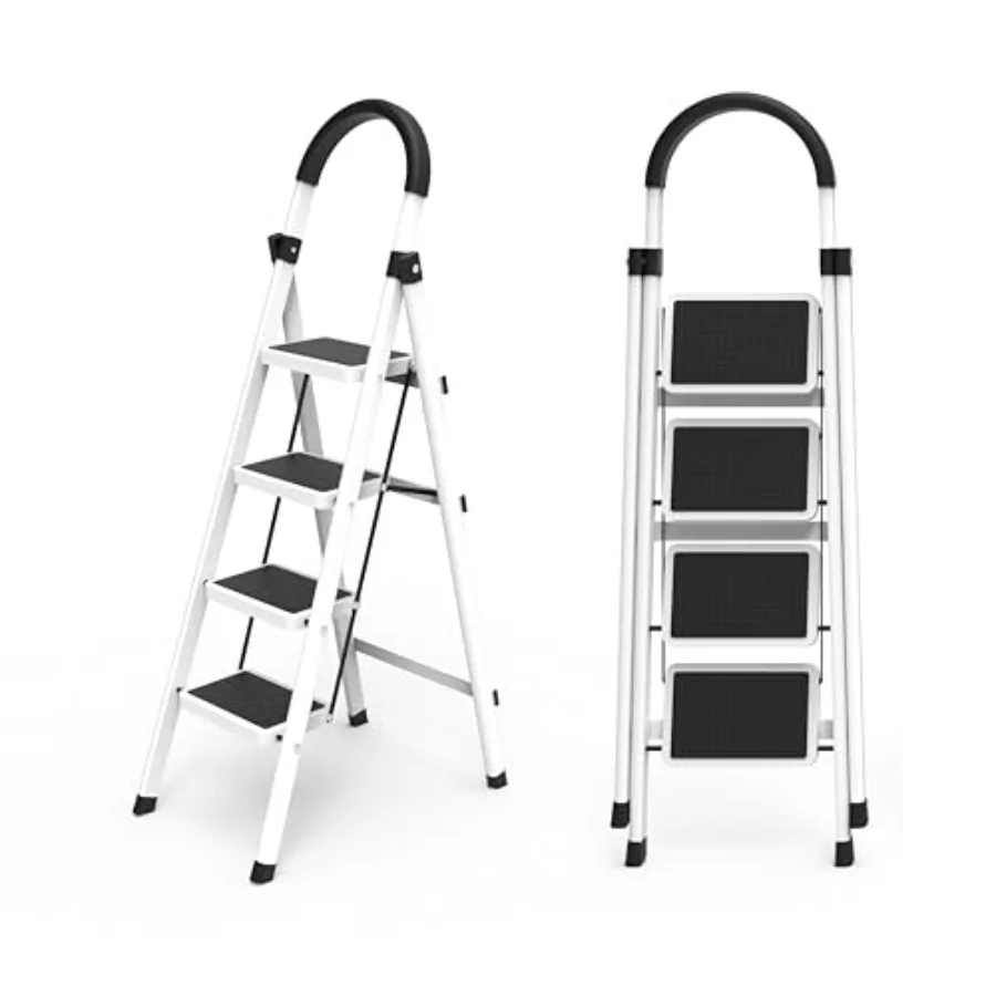 

4 Step Ladder Folding Step Stool with Anti-Slip Pedal and Cushioned Handle - Lightweight Aluminum Sturdy Easy Storage for Home