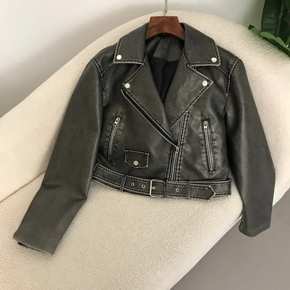 New Fashion Leather Jacket for Women Loose Pu Faux Leather Short Jacket with Belt Female Moto Biker Zipper Lapel Coat Outwear