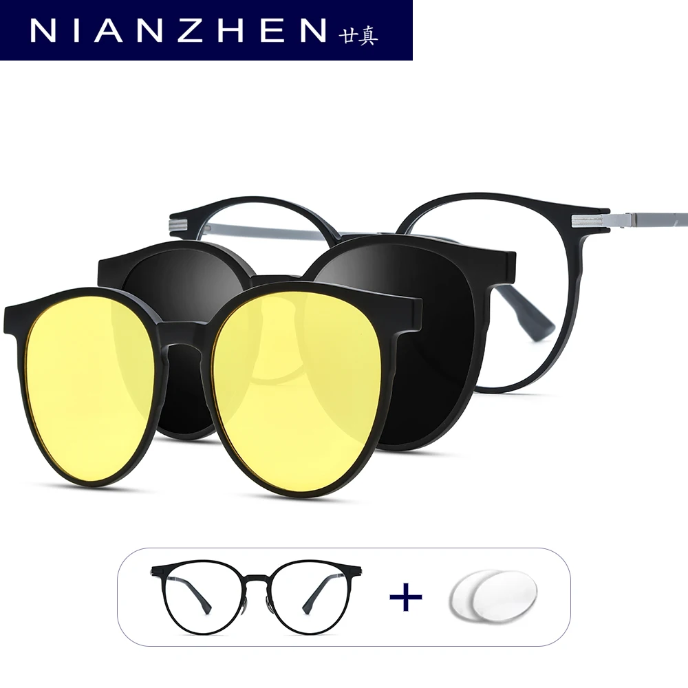 NIANZHEN TR90 Prescription Glasses Custom Myopia Optical Eyewear Men Round Magnet Eyeglasses Night Vision Polarized Lens 9016