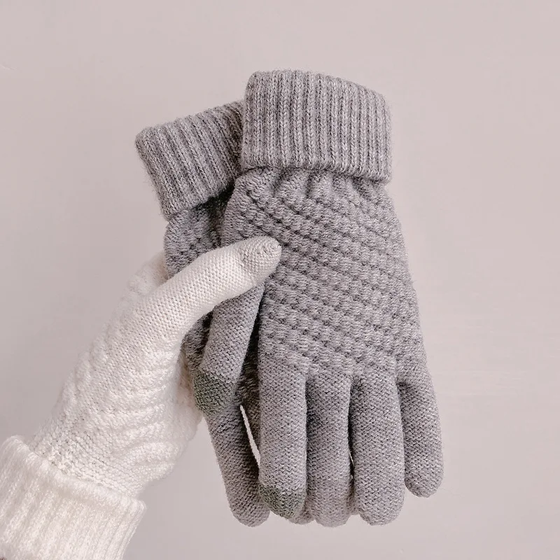 Winter Students Knitted Warm Gloves with Yarn Thick and Flannel Anti Cold Cycling Jacquard Finger Gloves Touch Screen for Female