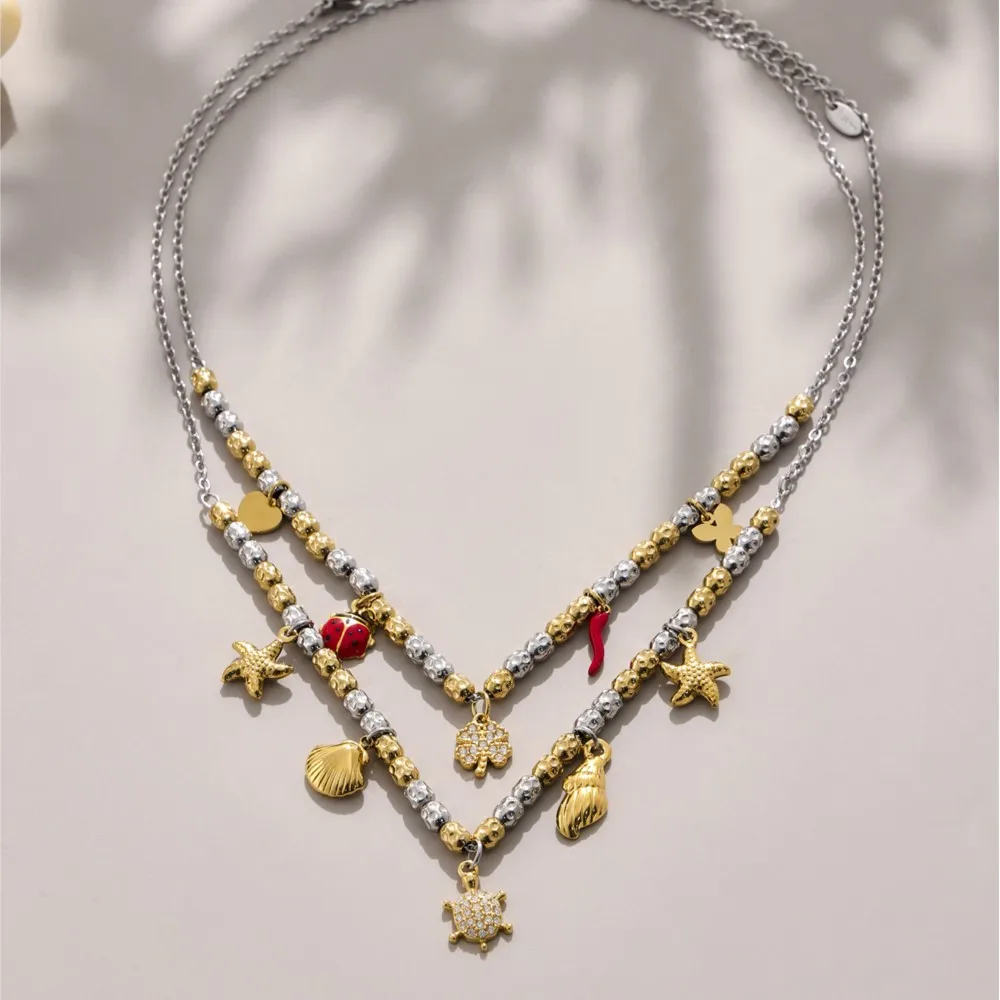 Two Tone Stainless Steel Beads Necklace Bracelet For Women Marine Animal Red Beetle Heart Charms Necklaces Bracelets Jewelry Set