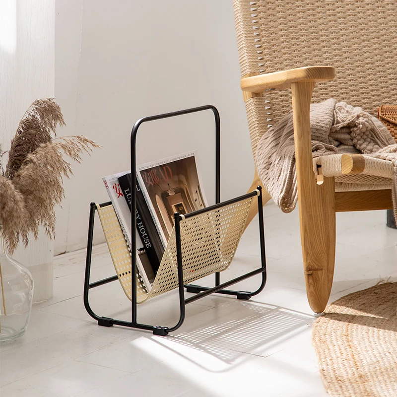 Modern Rattan-Inspired Metal Magazine Rack Minimalist Woven Texture Office Bookshelf Multi-Purpose Storage Organizer