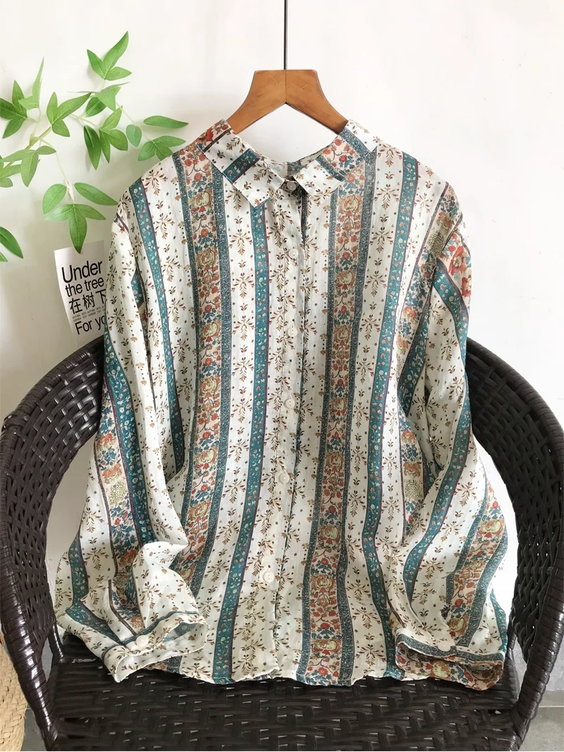

Fall clothes 100% ramie shirts bohemian geometric print shirts and blouses for women vintage ethnic long sleeve tops