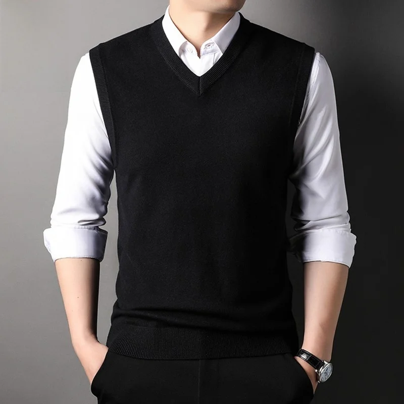 

Мужской зимний вязаный жилет с V-образным вырезом, молодежная базовая рубашка, приталенный крой, повседневный стиль, утолщенный, из смесового полиэстера