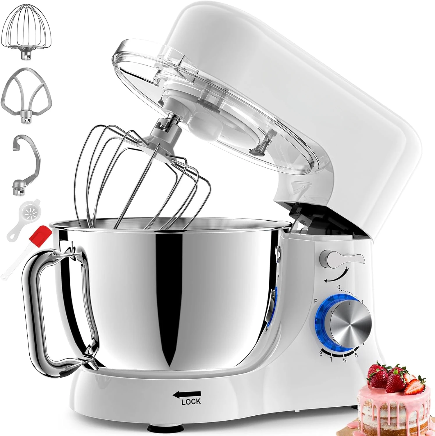 Robot de Cocina Batidora, 1000W Procesador de Alimentos con Batidor, Gancho, Tazón de Acero Inoxidable y Protector