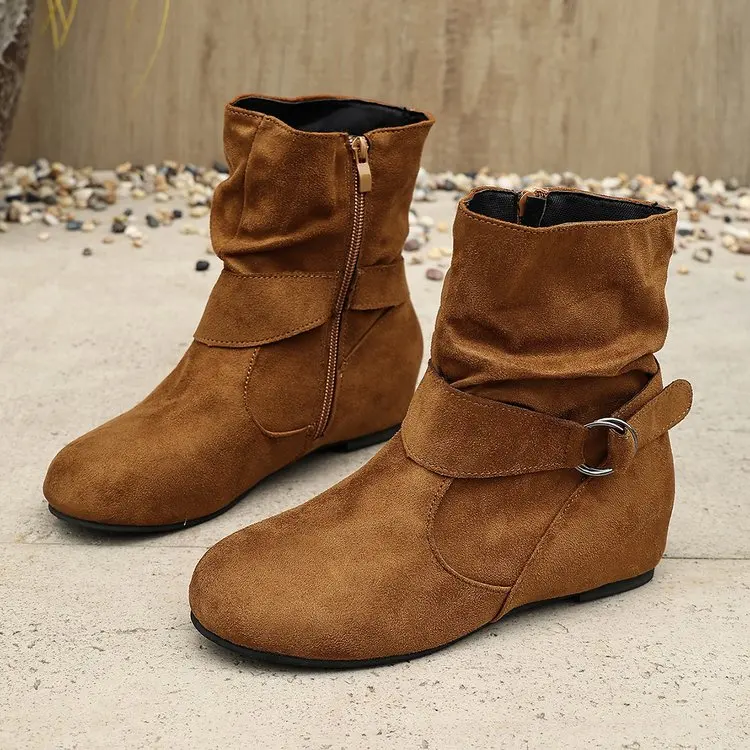 Damen-Stiefeletten mit runder Zehenpartie, verstellbarem Schnallenriemen, seitlichem Reißverschluss, flacher, rutschfester Sohle, lässiges Alltagsschuhwerk für Herbst und Winter – Detail 8
