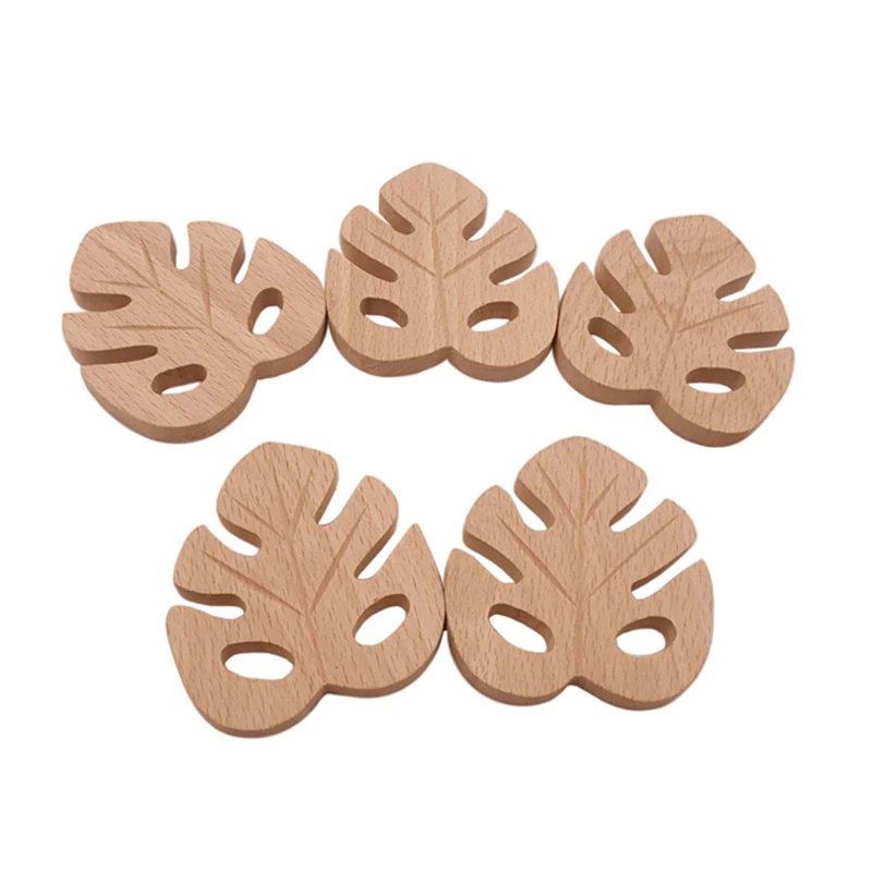 1pc BPA Free Beach Wood Baby Teether Leaf Shape Wooden Newborn Teething Ring Unfinished Baby Grasping Montessori Bracelet Toys