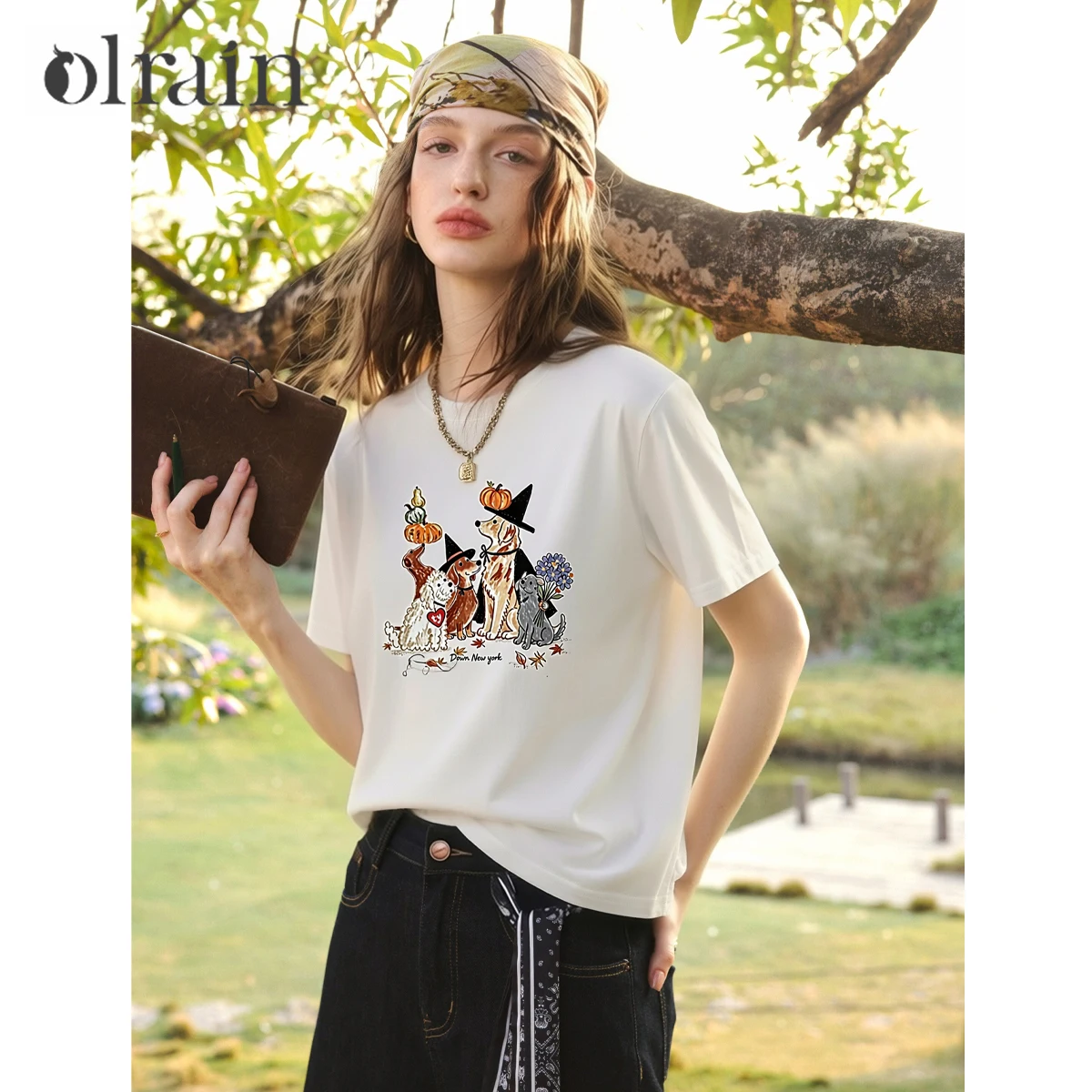 OLrain Fun Cartoon Color Contrast Print Top Women 2026 Summer White Casual Office Lady Short Sleeve Cotton T-shirt O58XT008338