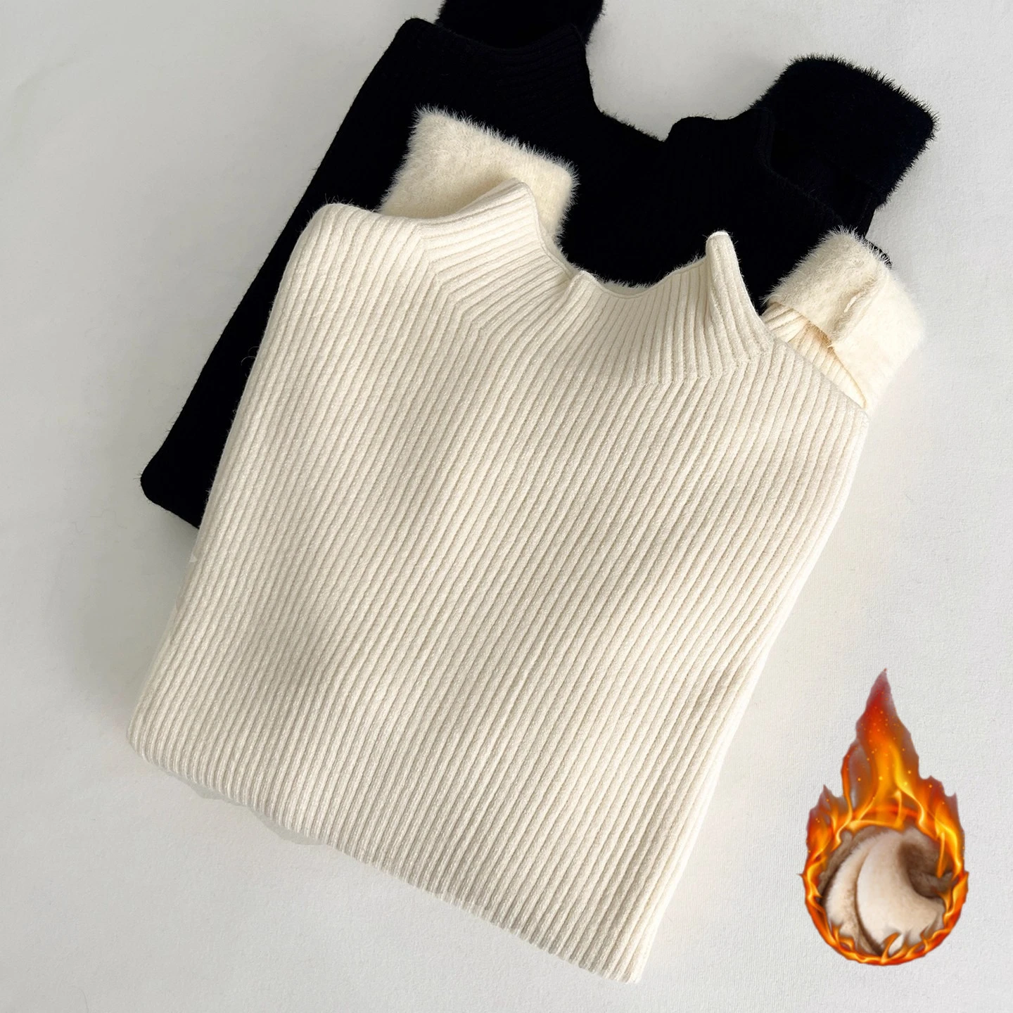 

Chic Mock Neck Integrated Fleece Sweater Warm Thick Knit Long-Sleeve Autumn Winter Pullovers Korean Style Simple Base Layer Top