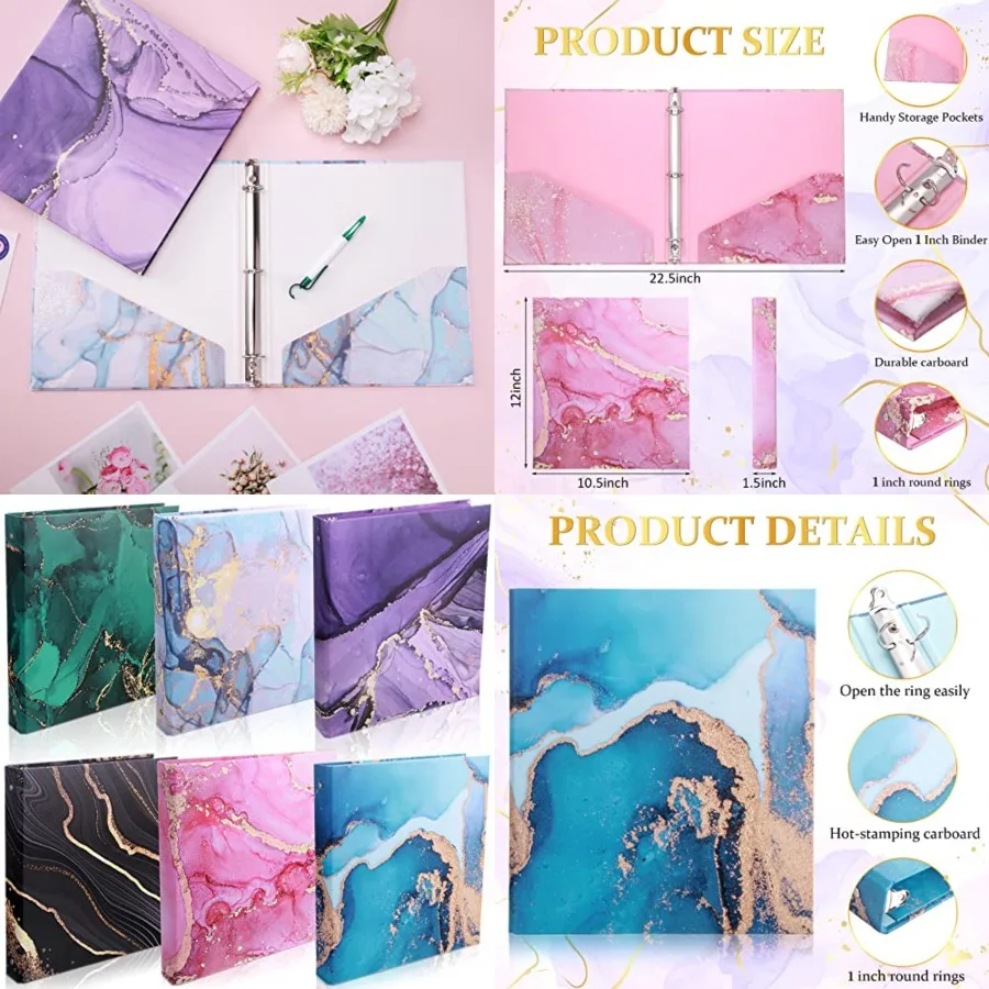 

6 Pack Marble 1 Inch 3 Ring Binders Cute Decorative Round Ring Binders Aesthetic Hardcover for Loose Leaf Paper Letter Size Pap