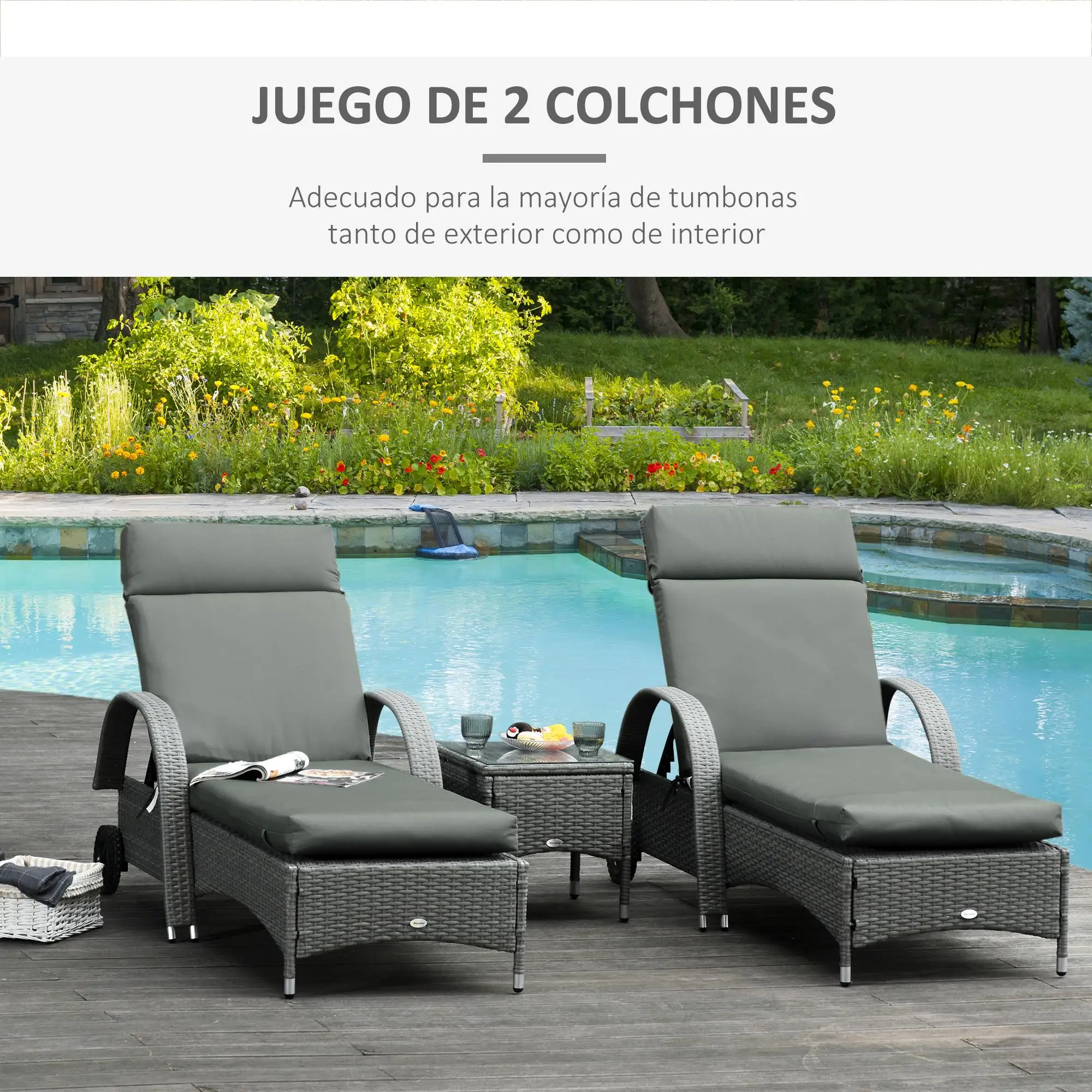 Lot de 2 coussins tumbona 196x55x8cm gris rembourrés en coton et polyester avec sangles de fixation pour jardin et terrasse