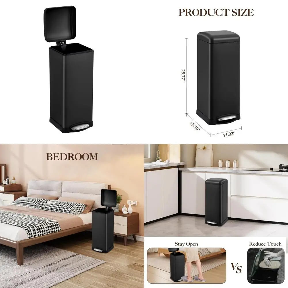 

8 gallon stainless steel trash can with soft-close lid, fingerprint-resistant, removable inner bin for kitchen use