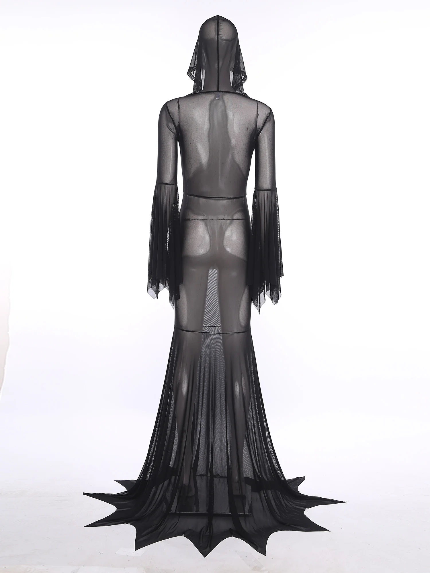 المرأة الساحرة مصاص دماء زي بقماش شفاف متوهج كم Bodycon ماكسي مقنعين فستان القرون الوسطى القوطية طول الأرض فستان لجميع القديسين