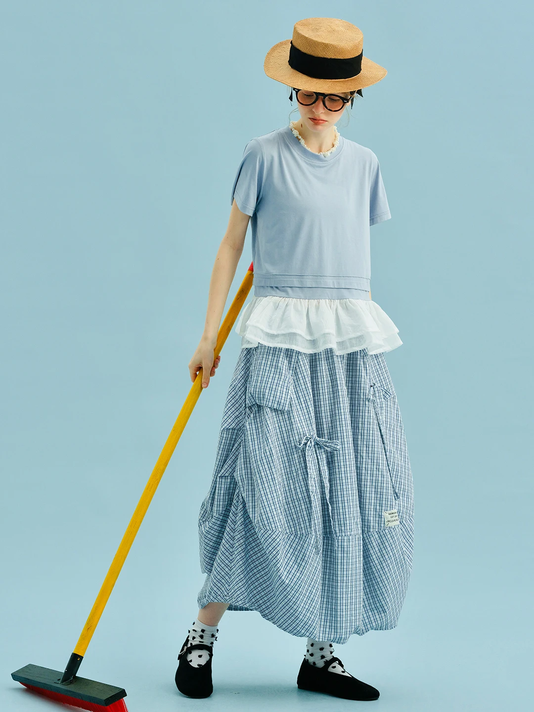 Half skirt 2025 imakokoni summer pure cotton washed artistic plaid figurine lantern half skirt 255036