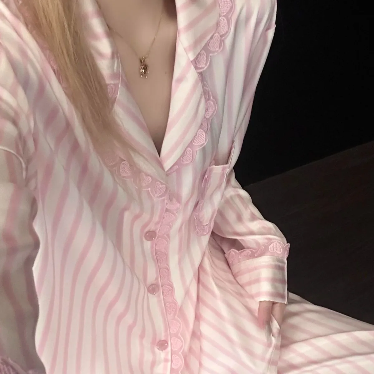 Korean-Style Instagram-Inspired, Sophisticated Lace-Trimmed Pink Striped Women's Spring/Fall Cardigan And Long-Pants Set