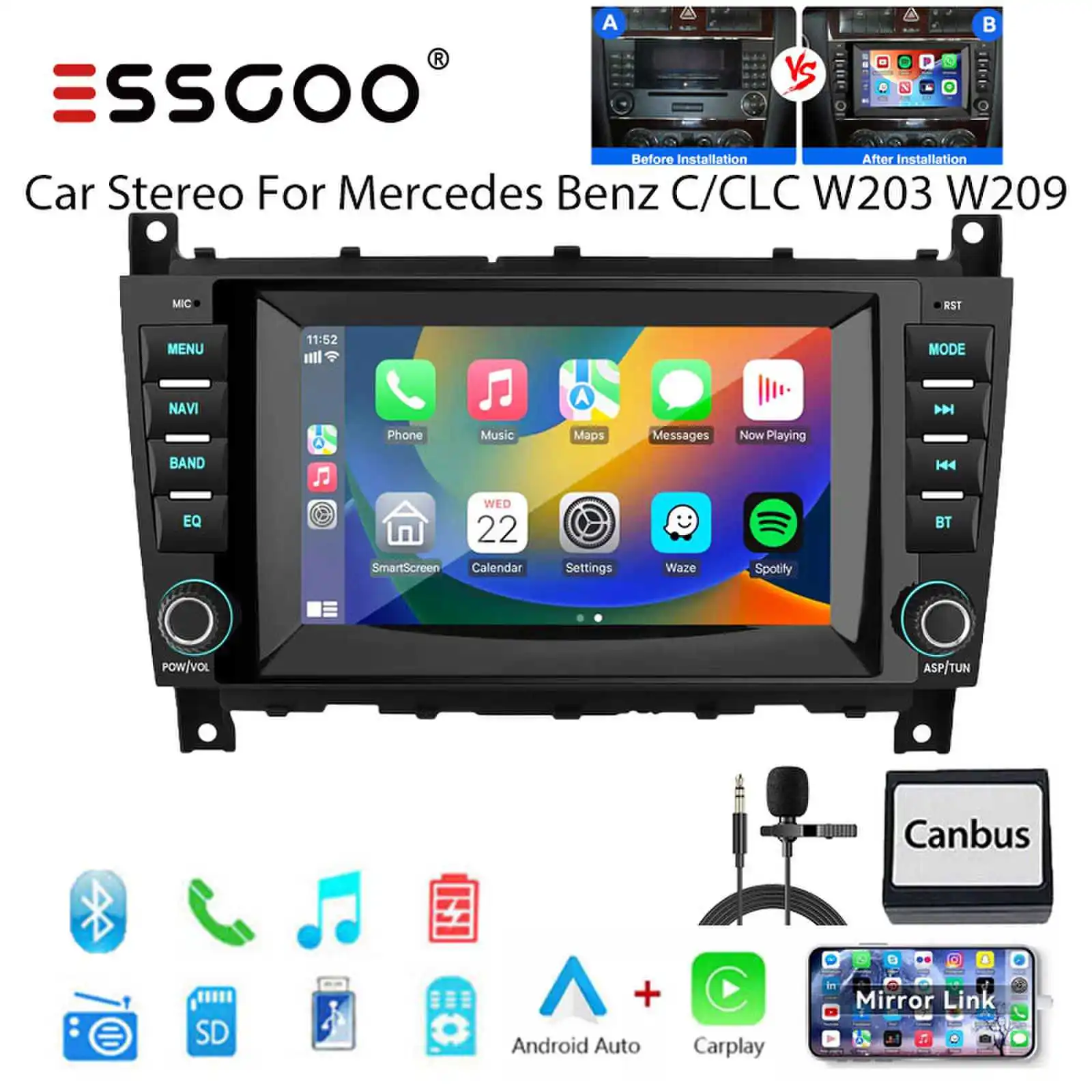 ESSGOO Autoradio 2+32G Bluetooth Android 15met Draadloze CarPlay, Android Auto, RDS, GPS Navi, Camera voor Mercedes Benz C/CLC Klasse W203, W209. Complete Multimedia-oplossing voor jouw Auto.