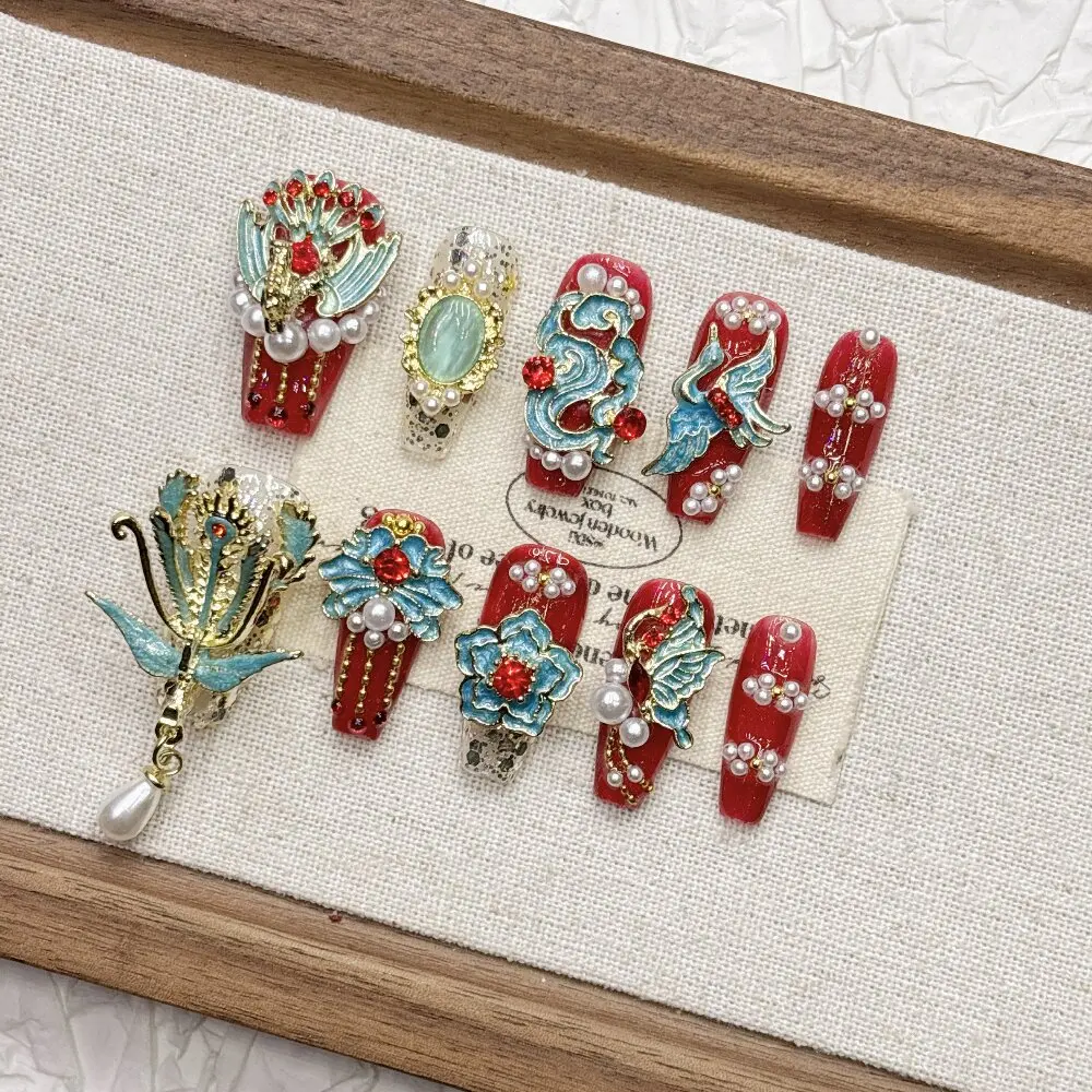 

New Chinese Style Phoenix Peony Court Press On Nails Flexible Acrylic 3D Enamel Pearl Tassel Ideal for Hanfu Cheongsam Tradition